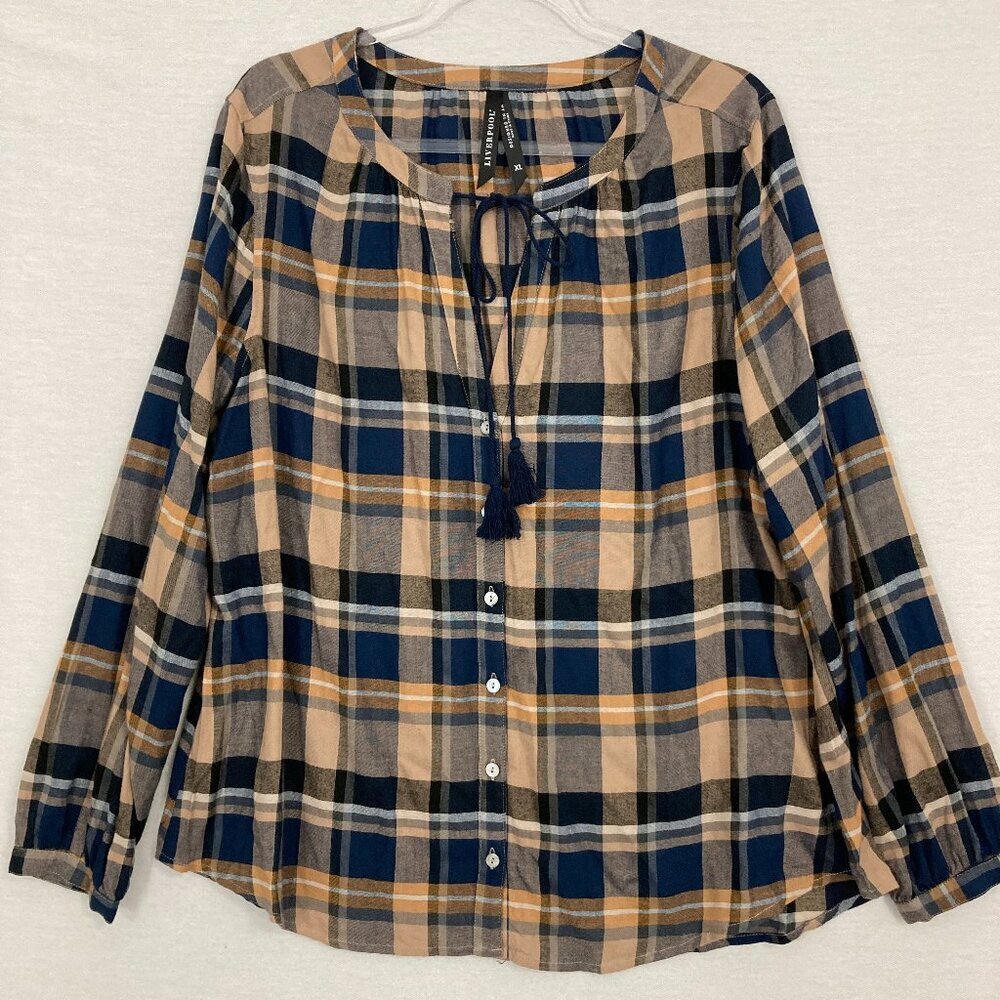 Liverpool Navy Tan Plaid Tie Front Ultra Soft Comfy Button Down XL Preppy